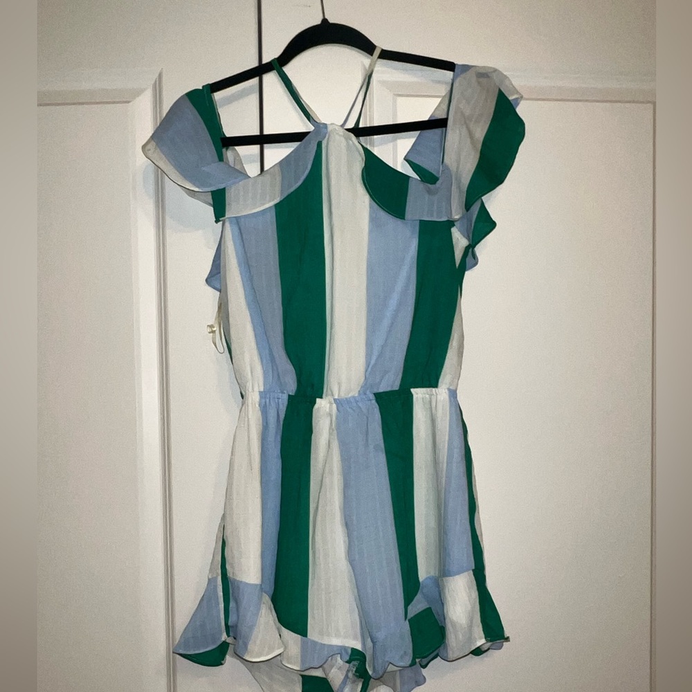 Blue Green Vertical Stripes Peak a Boo Shoulder Romper Small